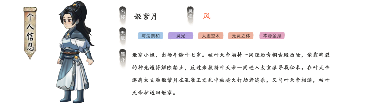 姬紫月是姬家小姐，出场年龄十七岁。被叶天帝劫持一同经历青铜古殿历险，依靠碎裂的神光遁符解除禁止，反过来挟持叶天帝一同进入太玄派寻找秘术。在叶天帝逃离太玄后姬紫月在孔雀王之乱中被趁火打劫者追杀。