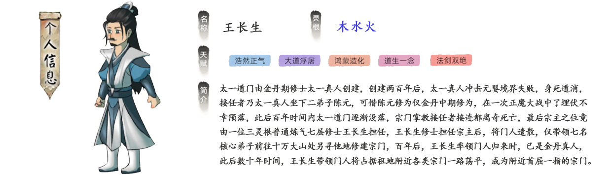 王长生是太一道门由金丹期修士太一真人创建，创建两百年后，太一真人冲击元婴境界失败，身死道消，接任者乃太一真人坐下二弟子陈元，可惜陈元修为仅金丹中期修为，在一次正魔大战中了埋伏不幸陨落。