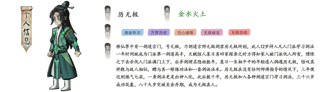历无极回家探亲之时方得知家人被门派仇人所害，愤恨之下击杀仇人门派满门上下，后弃剑埋名隐姓数年，某日一长相平平的年轻道人偶遇历无极，惊叹其样貌与故人相似，赠与其一修炼功法和一套剑诀法术。